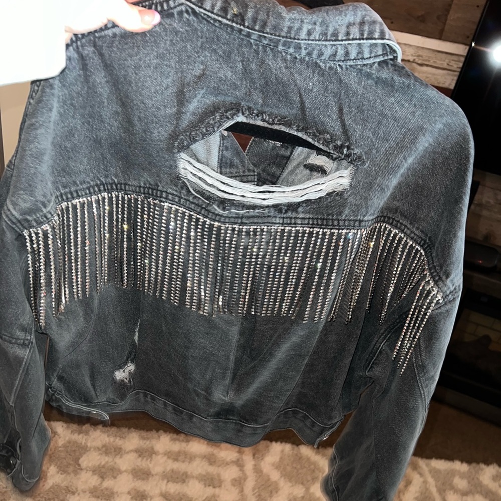 Veveret Dark Wash Destructed Fringe Jean Jacket